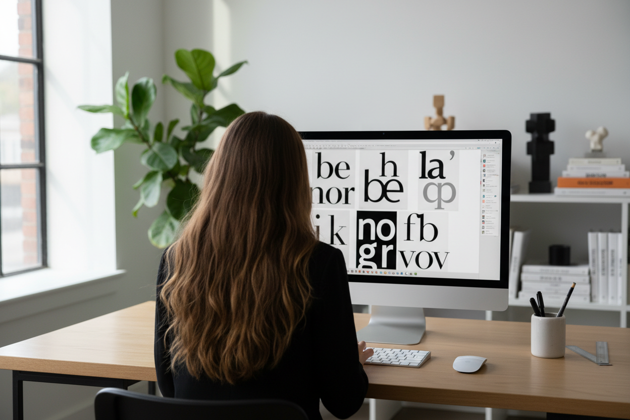 im a designer who designs typography prints. can you create an image i can use for my "about me" section, showing the back of my head as i work on a design on my computer. I want the desk to be minimalistic but in a design studio. I have long brown hair nad im slender